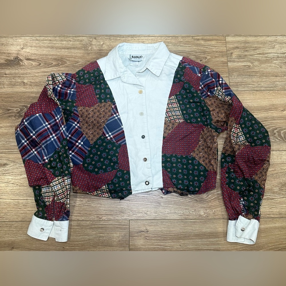 Vintage crop top‎ Banjo western patch work Long sleeve shirt size Large USA made